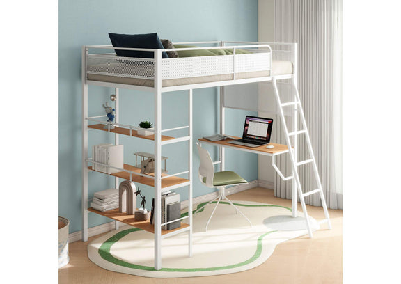 460332WHT Campus 3-shelf Metal Twin Workstation Loft Bed Matte White