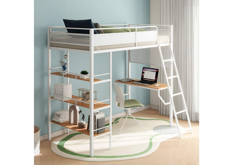 460332WHT Campus 3-shelf Metal Twin Workstation Loft Bed Matte White
