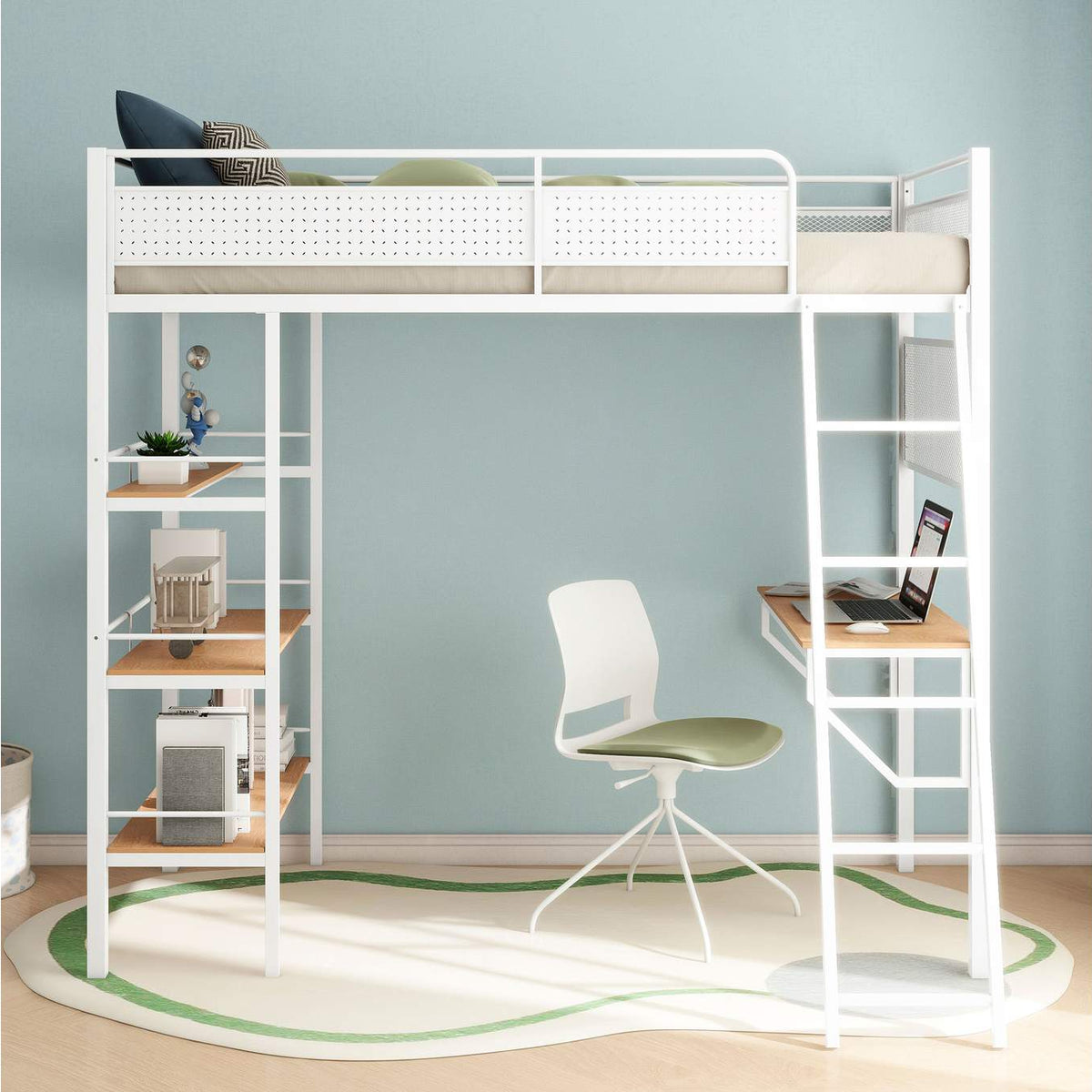 460332WHT Campus 3-shelf Metal Twin Workstation Loft Bed Matte White