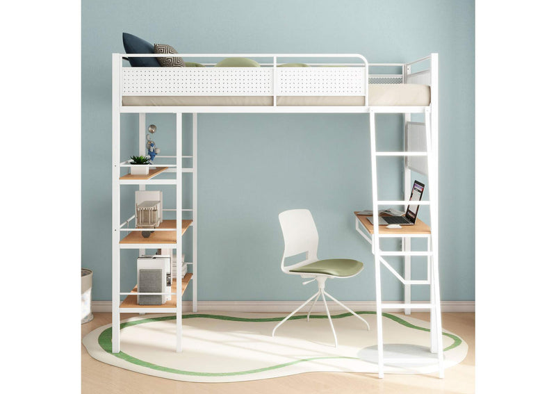 460332WHT Campus 3-shelf Metal Twin Workstation Loft Bed Matte White