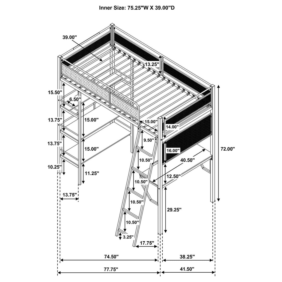 460332WHT Campus 3-shelf Metal Twin Workstation Loft Bed Matte White