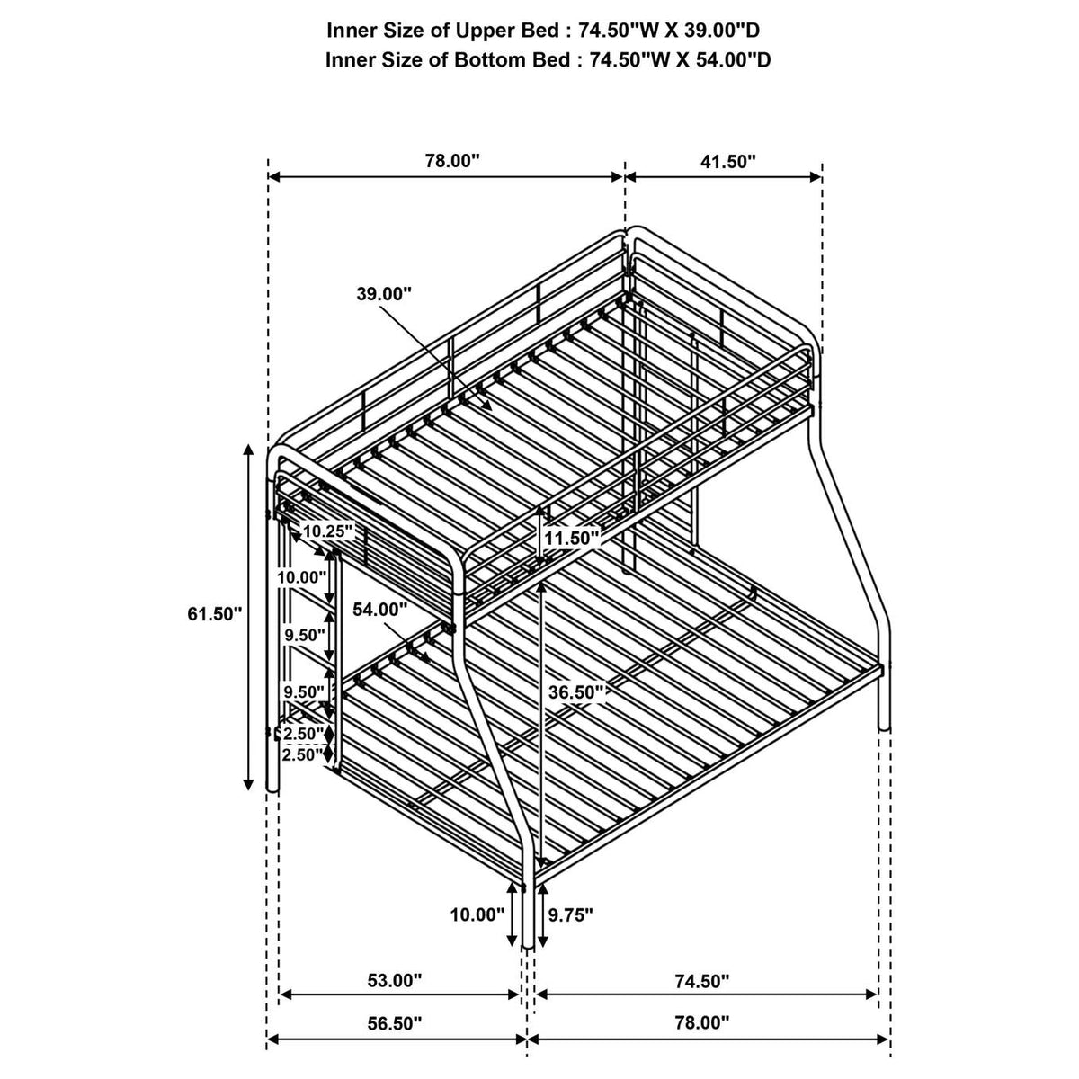 460340BLK Carson Metal Twin Over Full Bunk Bed Glossy Black