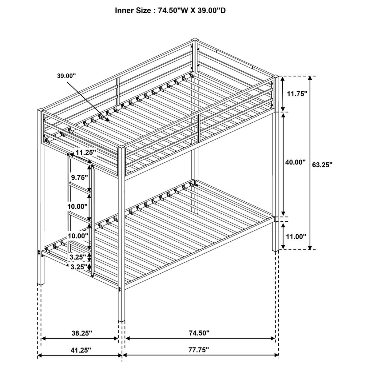 460361WHT Alevera Metal Twin Over Twin Bunk Bed with Ladder White