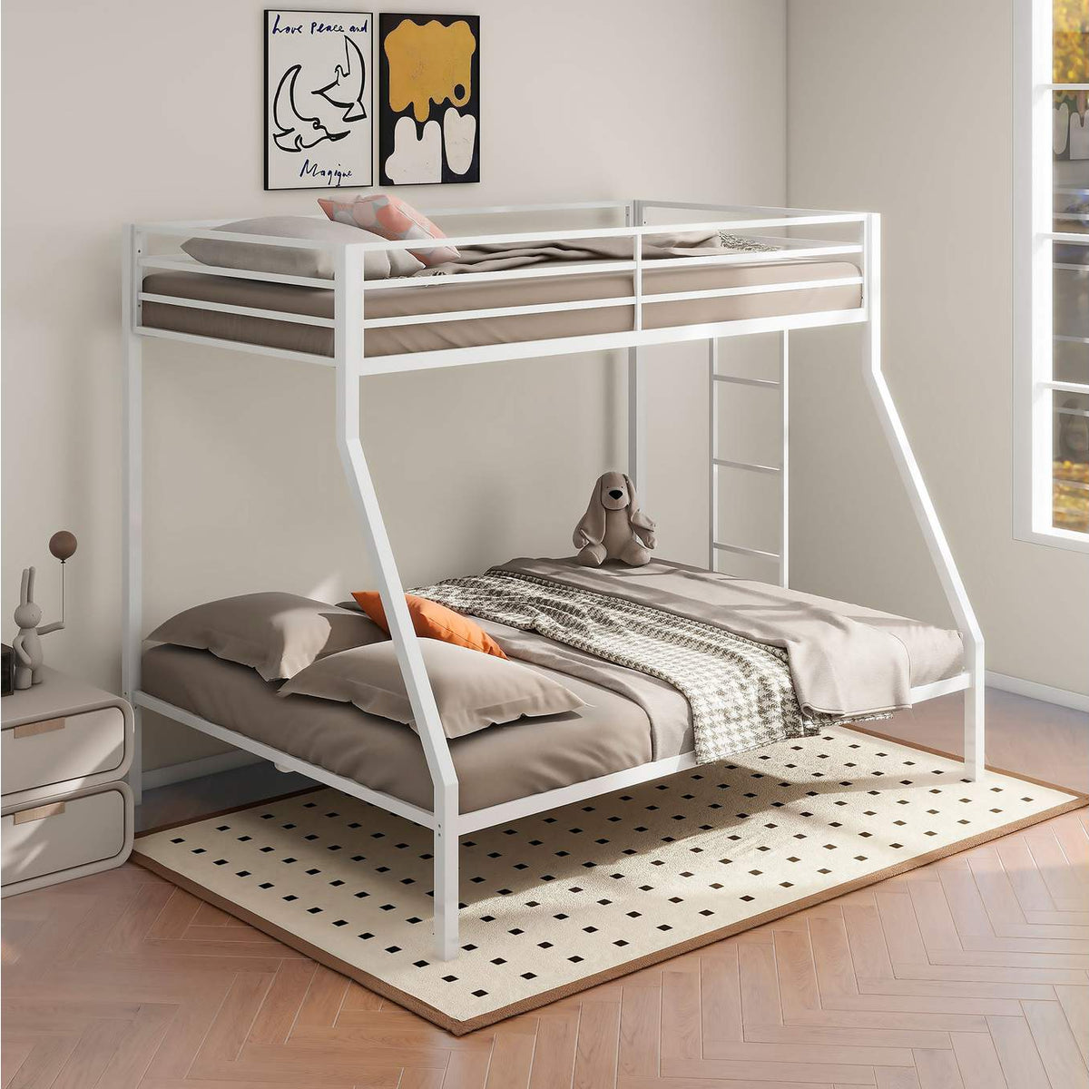 460365WHT Alevera Metal Twin Over Full Bunk Bed with Ladder White
