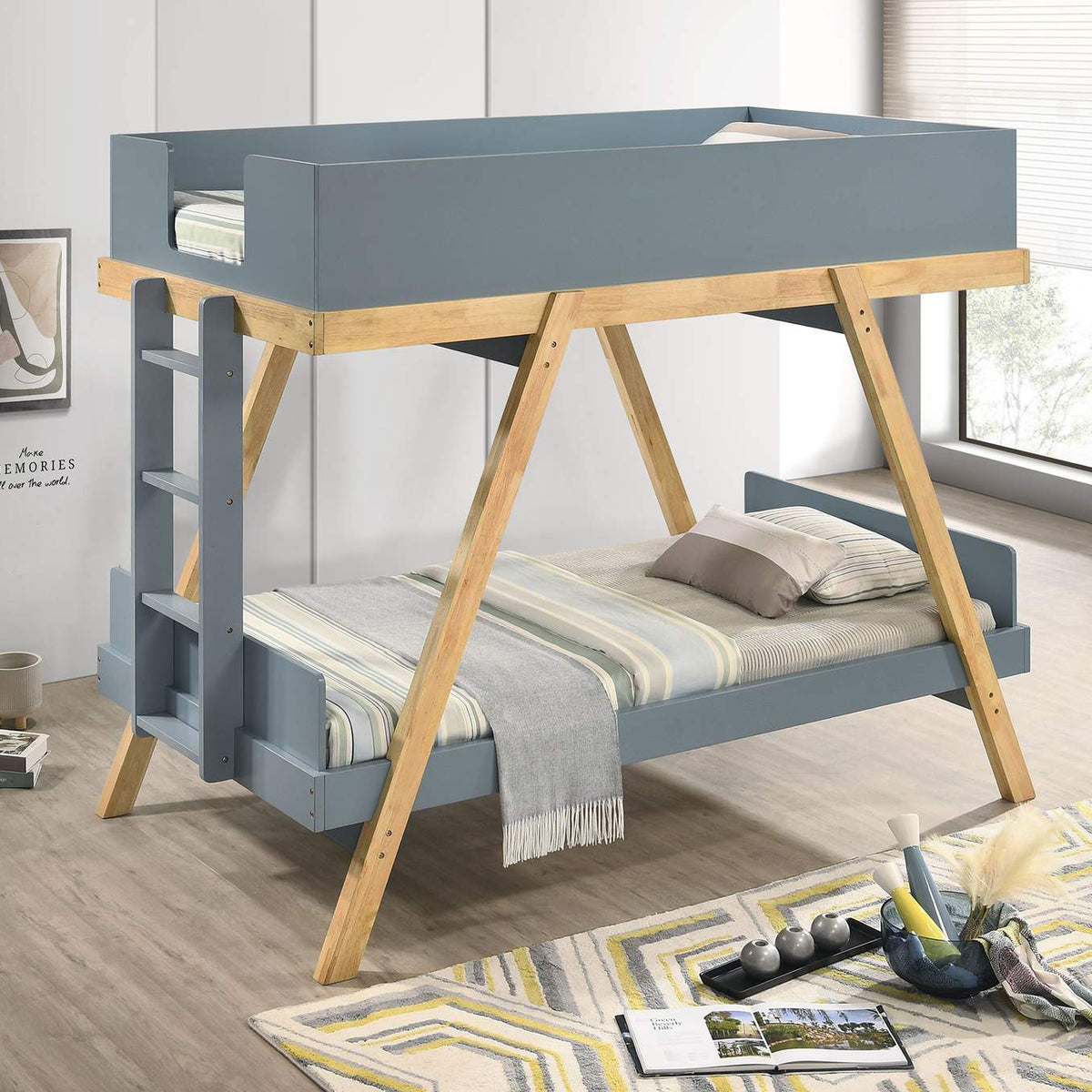 460572T-SM Frankie Twin Over Twin Bunk Bed with 7-inch Mattresses Blue