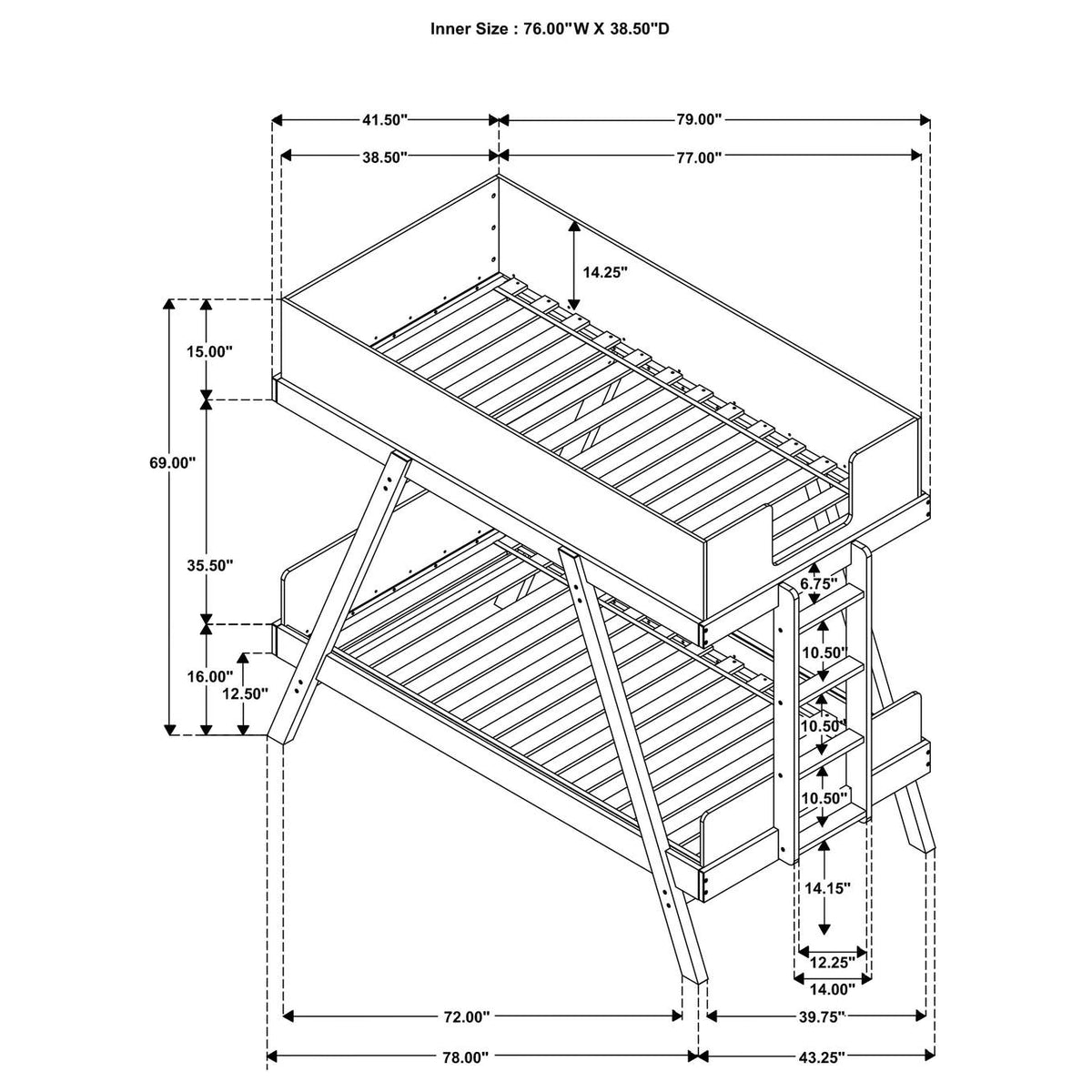 460572T-SM Frankie Twin Over Twin Bunk Bed with 7-inch Mattresses Blue
