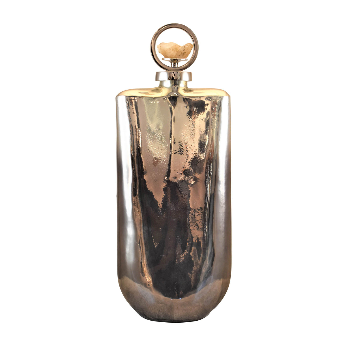 Glass Metallic Bottle With Stone Top 19" - Silver