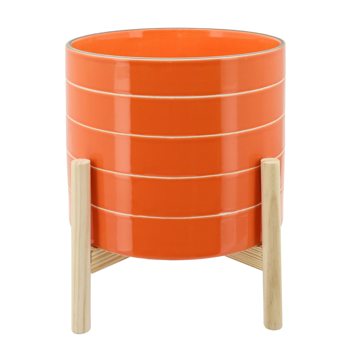Striped Planter With Wood Stand 10" - Orange
