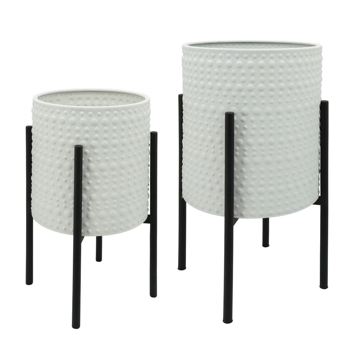 Dotted Planters In Metal Stand (Set of 2) - White