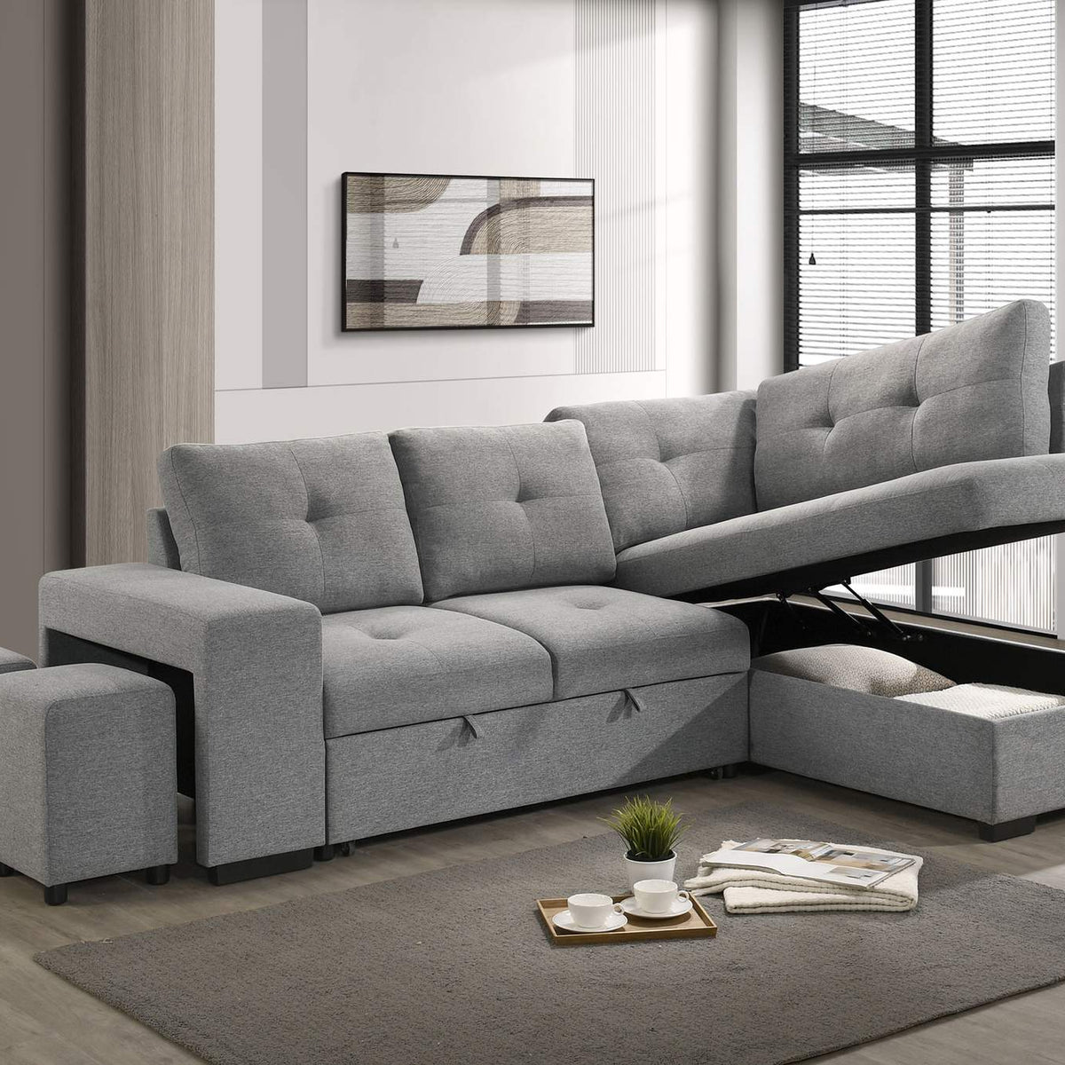 500347 Roanne Fabric Upholstered Sleeper Sectional Sofa Grey