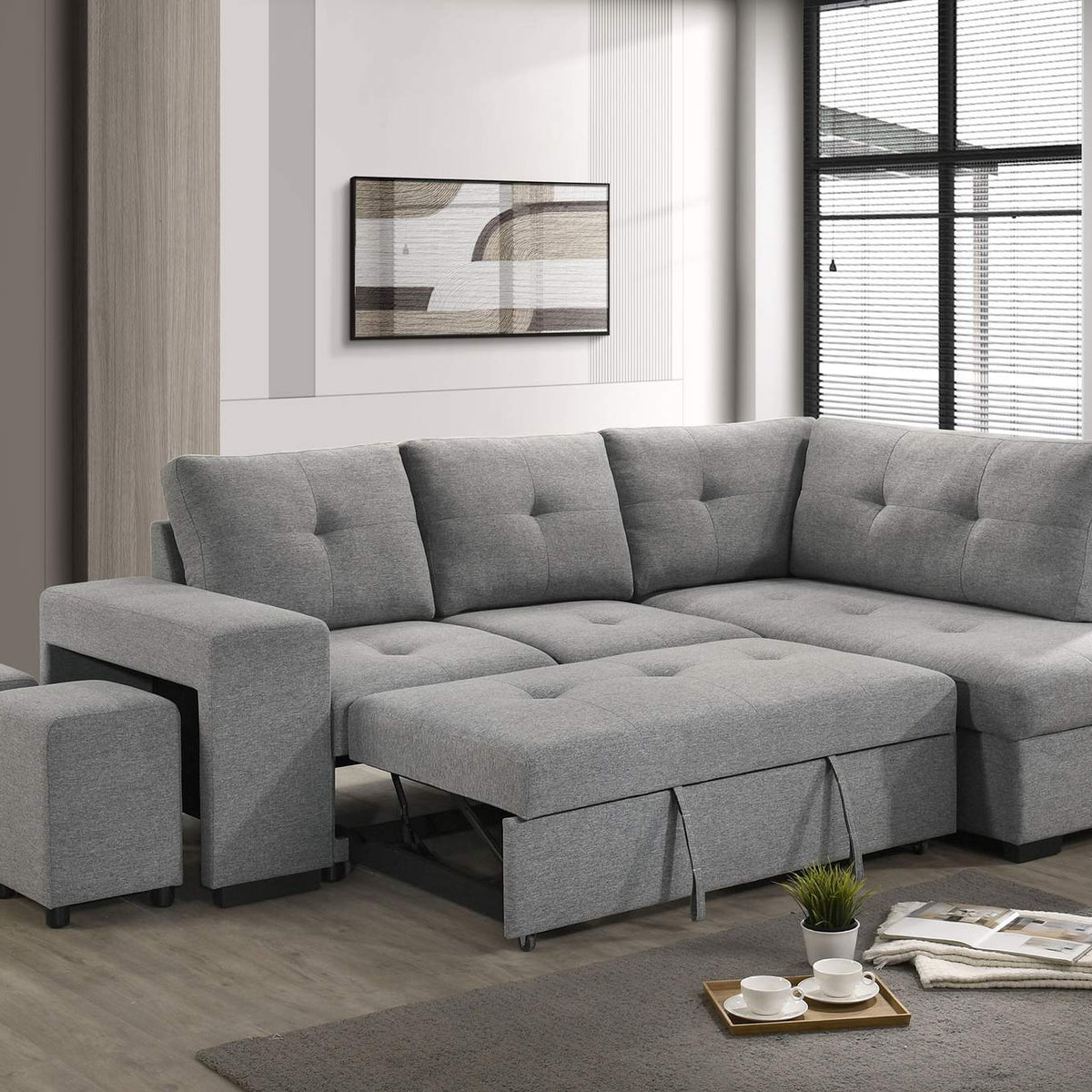 500347 Roanne Fabric Upholstered Sleeper Sectional Sofa Grey