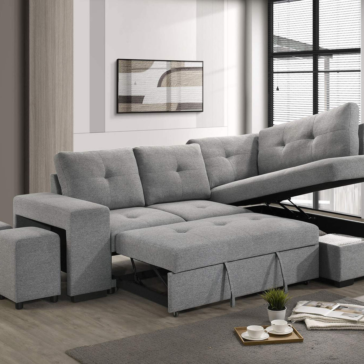 500347 Roanne Fabric Upholstered Sleeper Sectional Sofa Grey