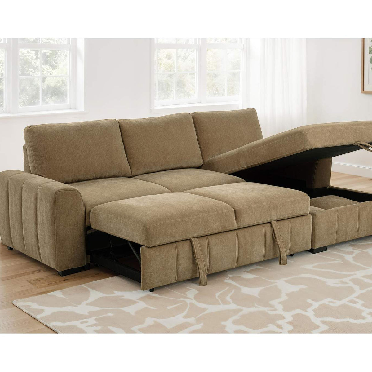 500348 Pastrana Upholstered Sleeper Sectional Sofa RAF Chaise Camel