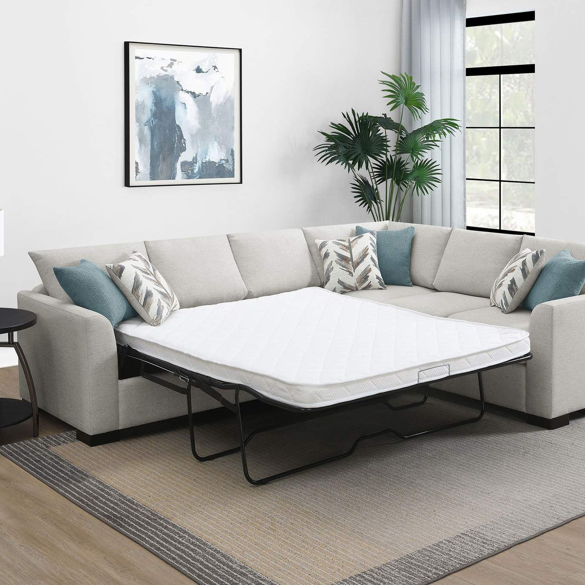 500818 Ashford Chenille Upholstered Sleeper Sectional Sofa Greige