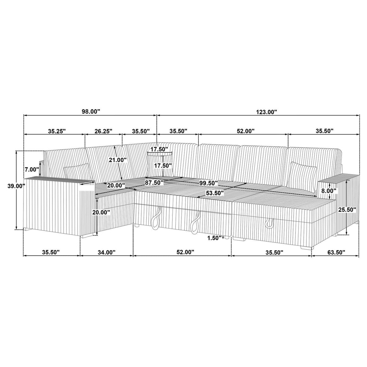 501208 Devonshire Sleeper Sectional Sofa Storage Chaise Grey