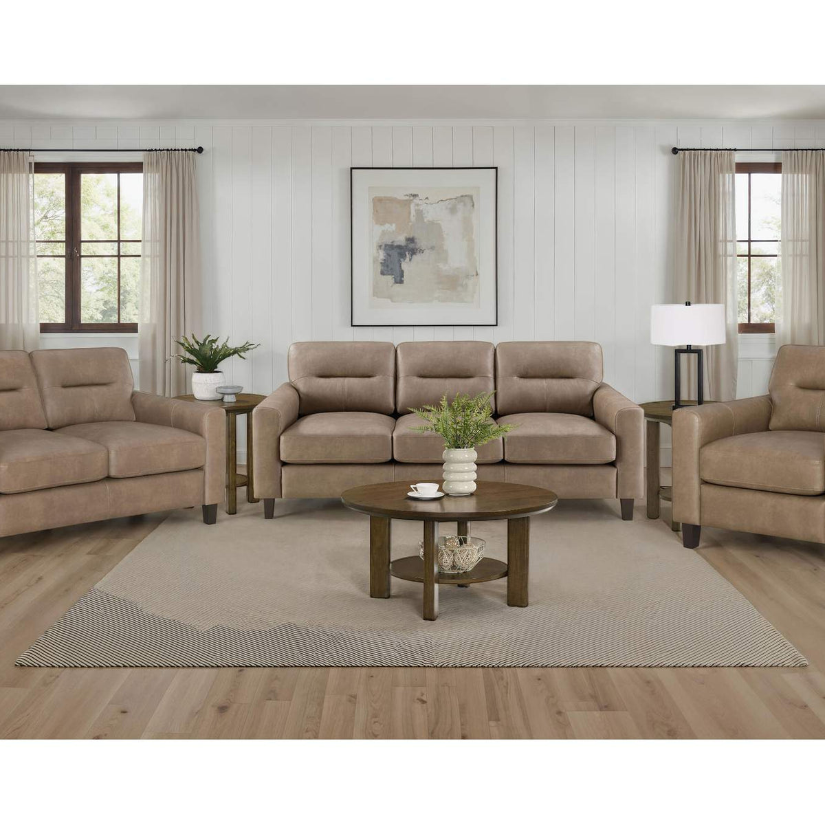 504667 Scotland Faux Leather Upholstered Track Arm Sofa Brown