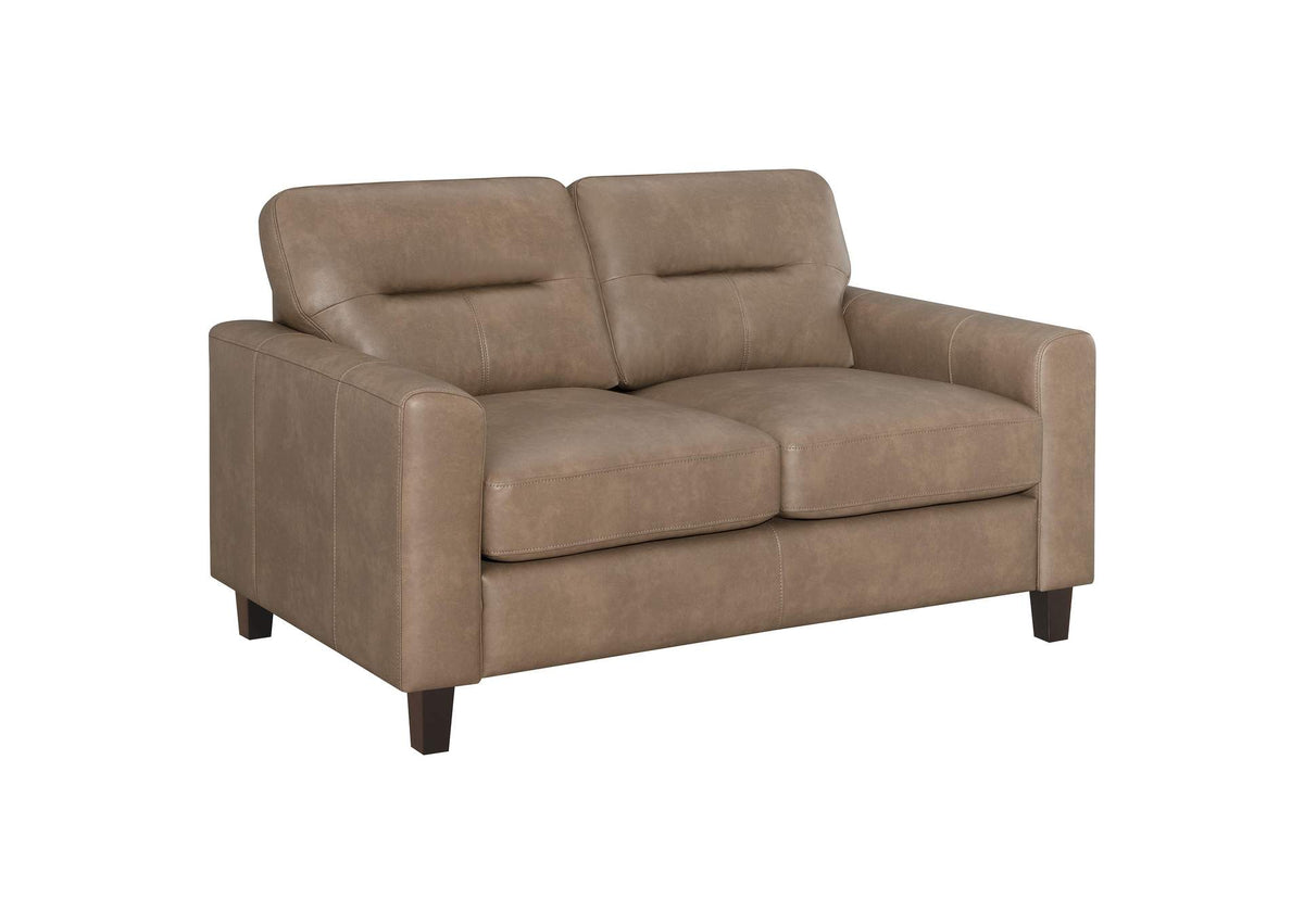 504668 Scotland Faux Leather Upholstered Track Arm Loveseat Brown