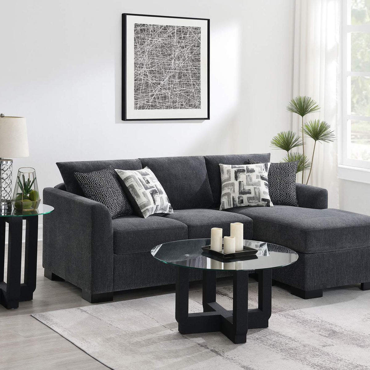 504777 Storey Upholstered Sleeper Sectional Chaise Sofa Dark Grey