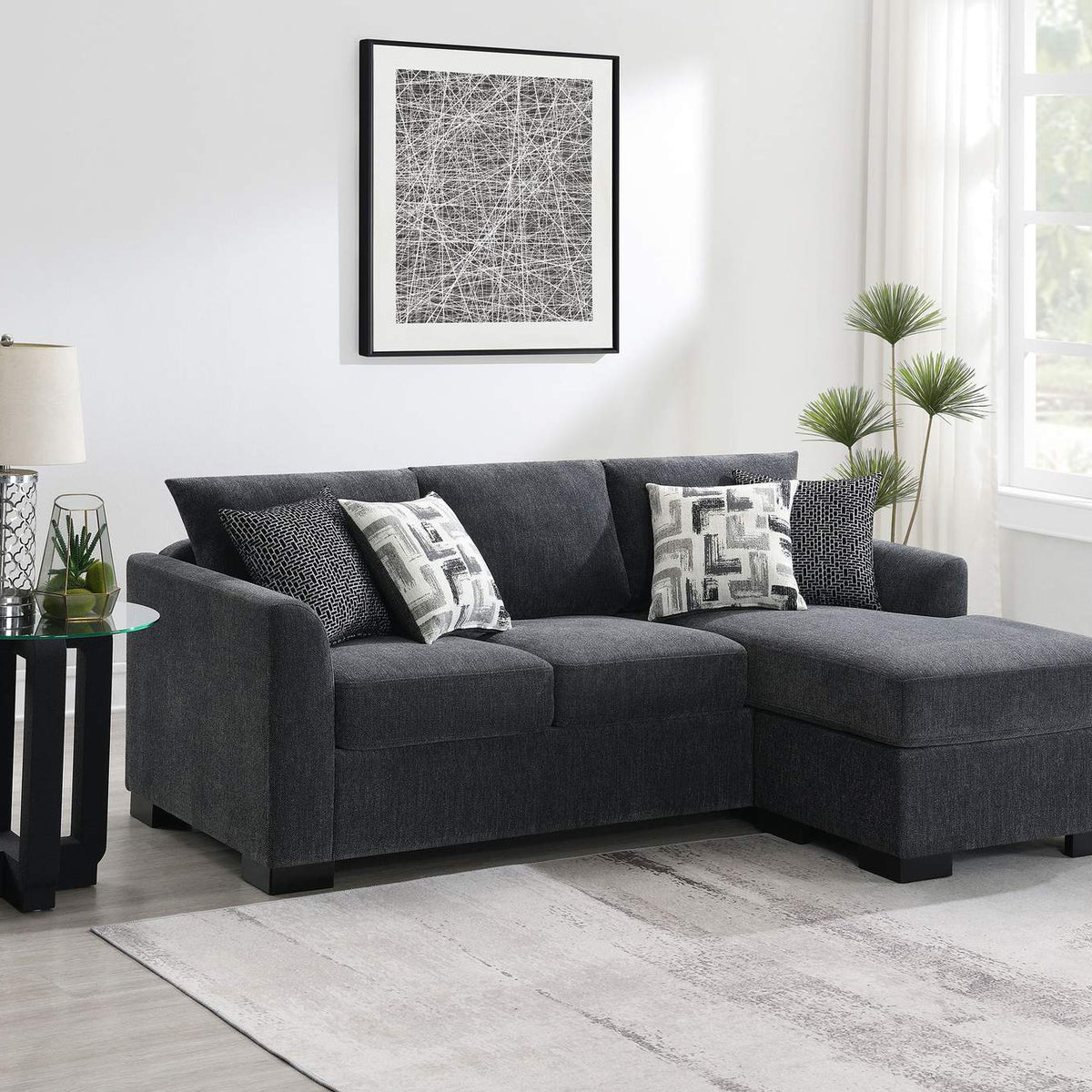 504777 Storey Upholstered Sleeper Sectional Chaise Sofa Dark Grey