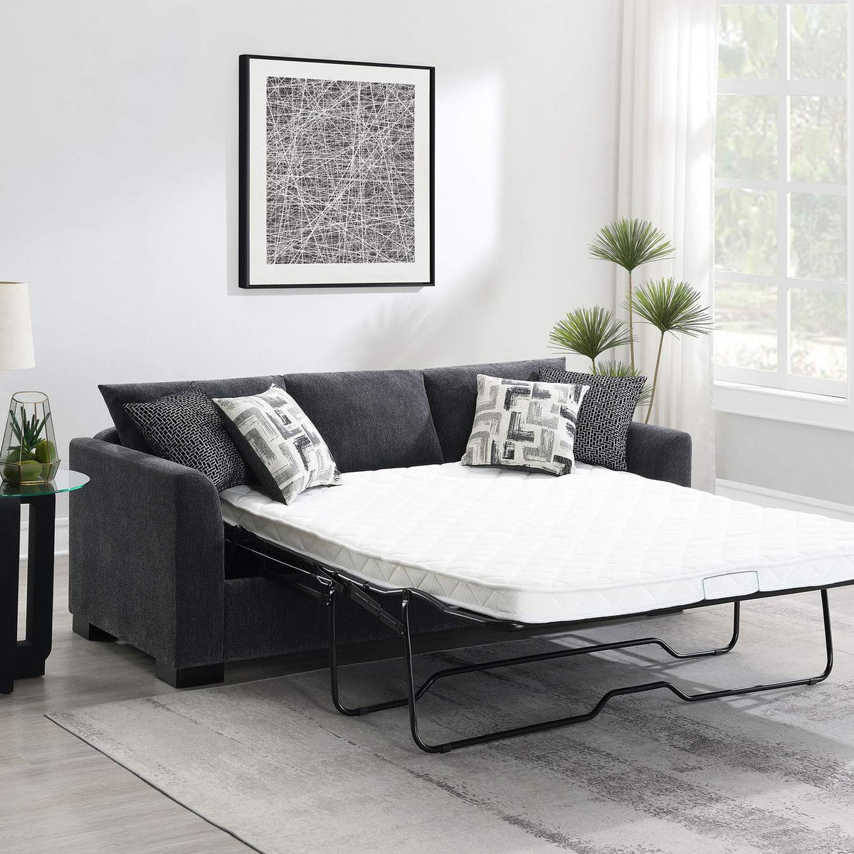 504777 Storey Upholstered Sleeper Sectional Chaise Sofa Dark Grey