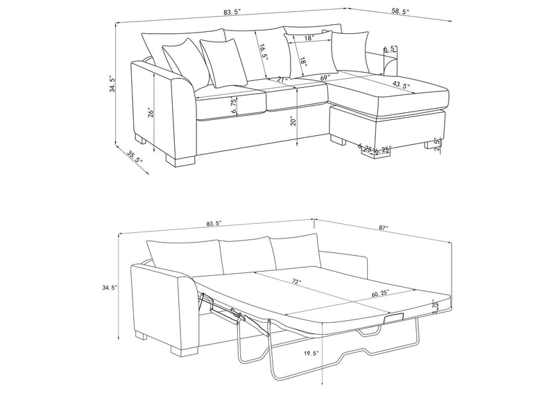 504777 Storey Upholstered Sleeper Sectional Chaise Sofa Dark Grey