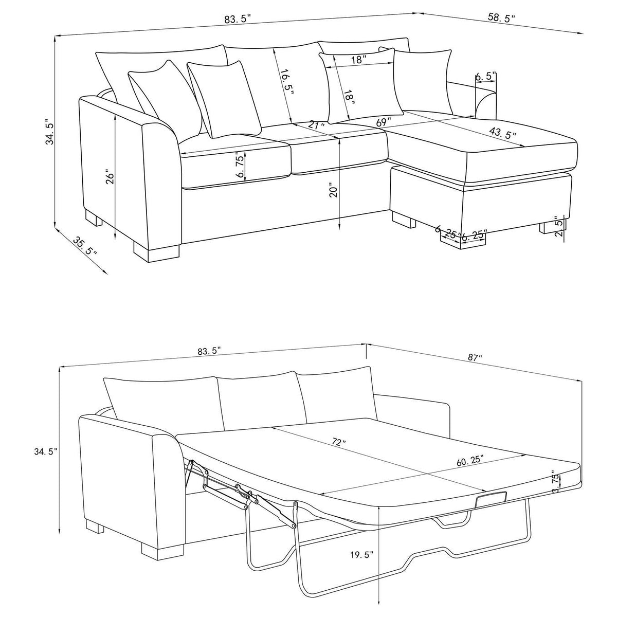 504779 Storey Upholstered Sleeper Sectional Chaise Sofa Grey