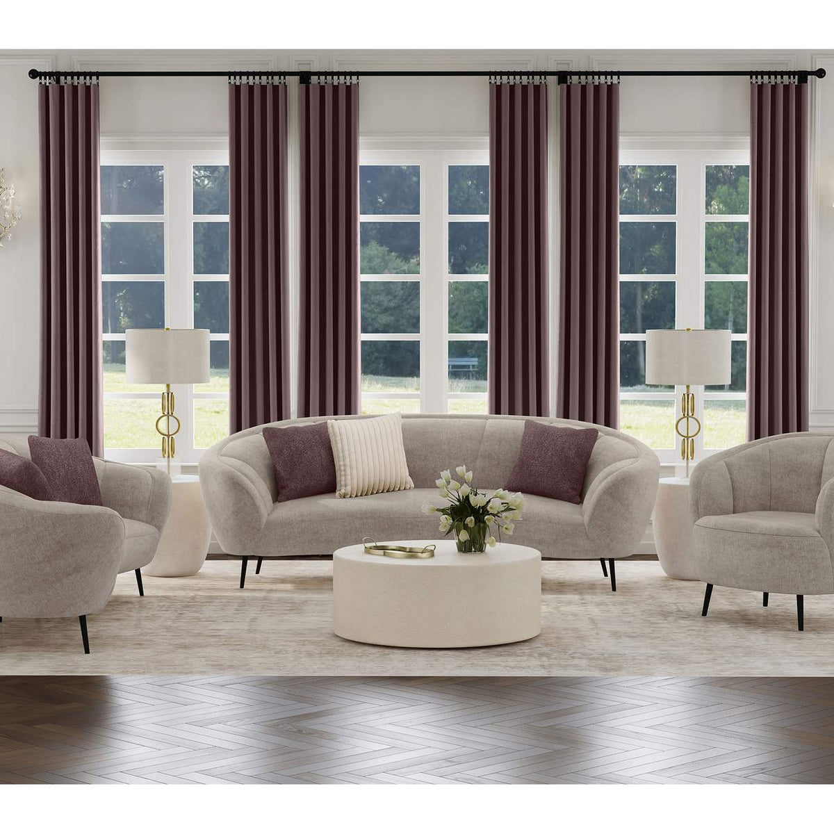 504837 Ellorie Upholstered Channel Back Curved Sofa Beige