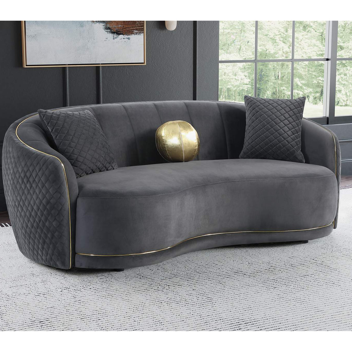 504844 Brookside Velvet Upholstered Curved Sofa Dark Grey