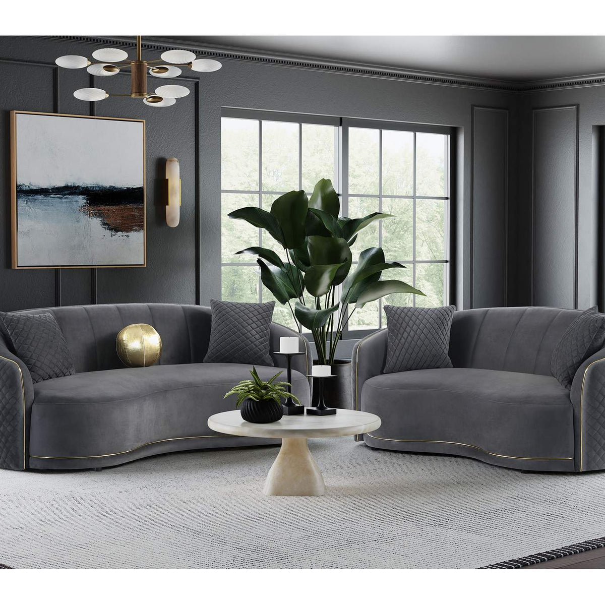 504844 Brookside Velvet Upholstered Curved Sofa Dark Grey