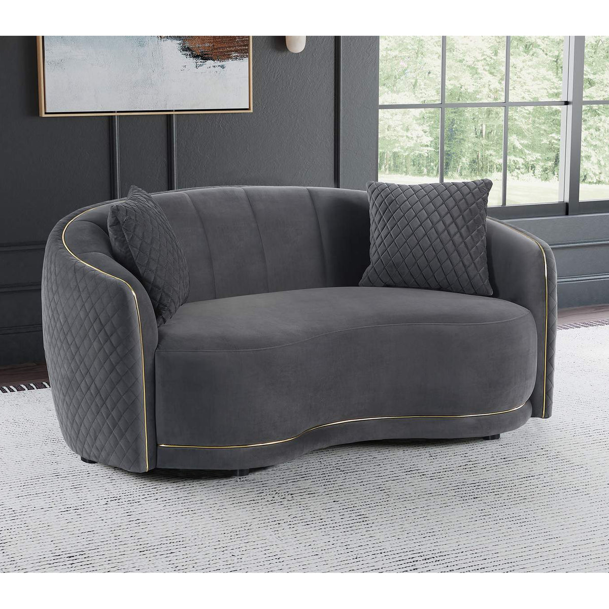 504845 Brookside Velvet Upholstered Curved Loveseat Dark Grey