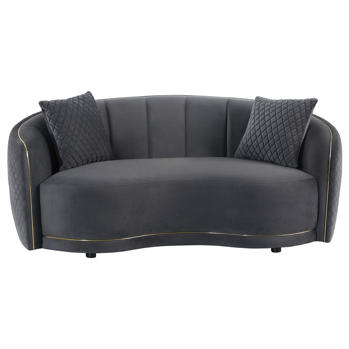 504845 Brookside Velvet Upholstered Curved Loveseat Dark Grey