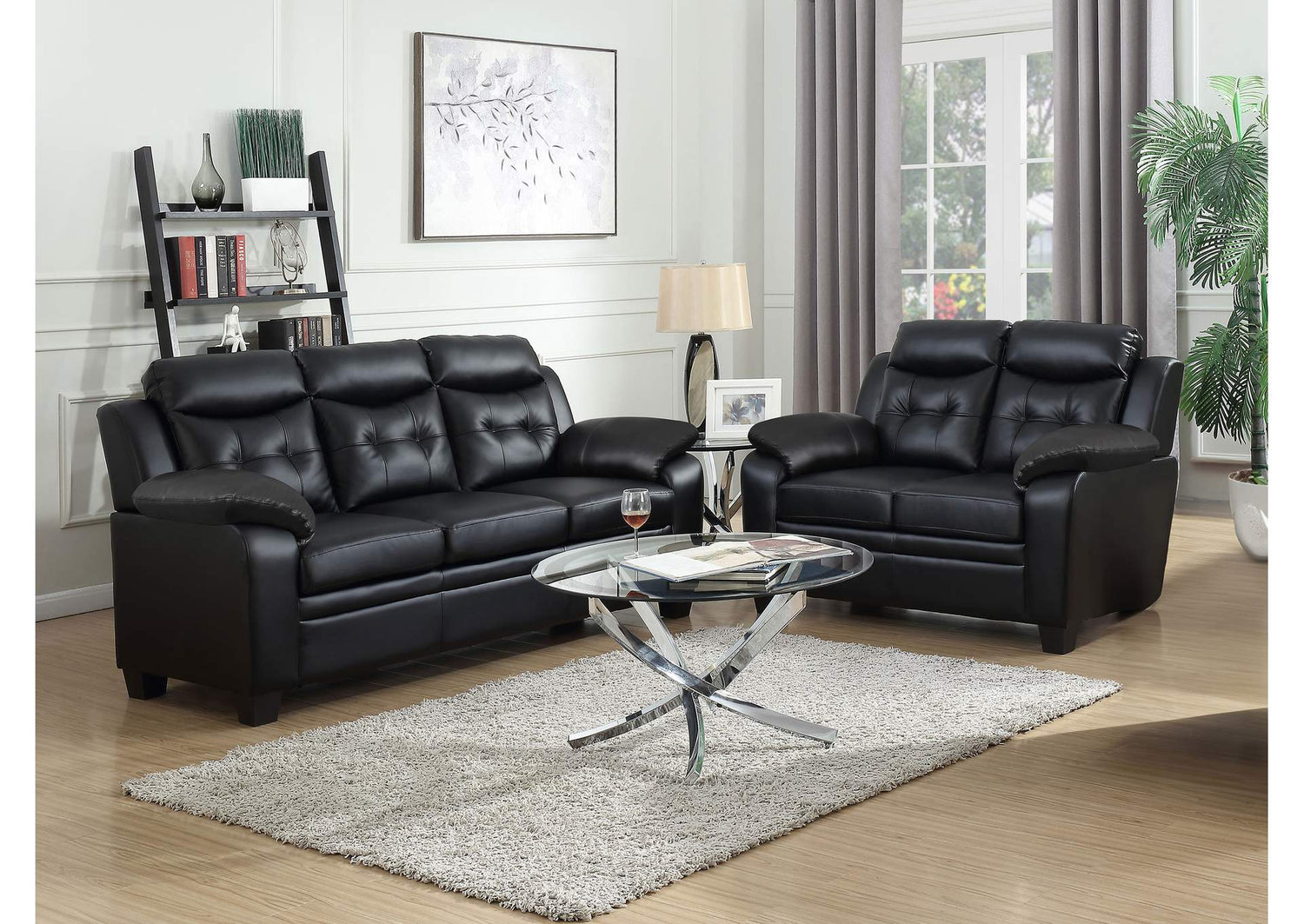 Finley 2-piece Upholstered Padded Arm Tufted Sofa Set Black