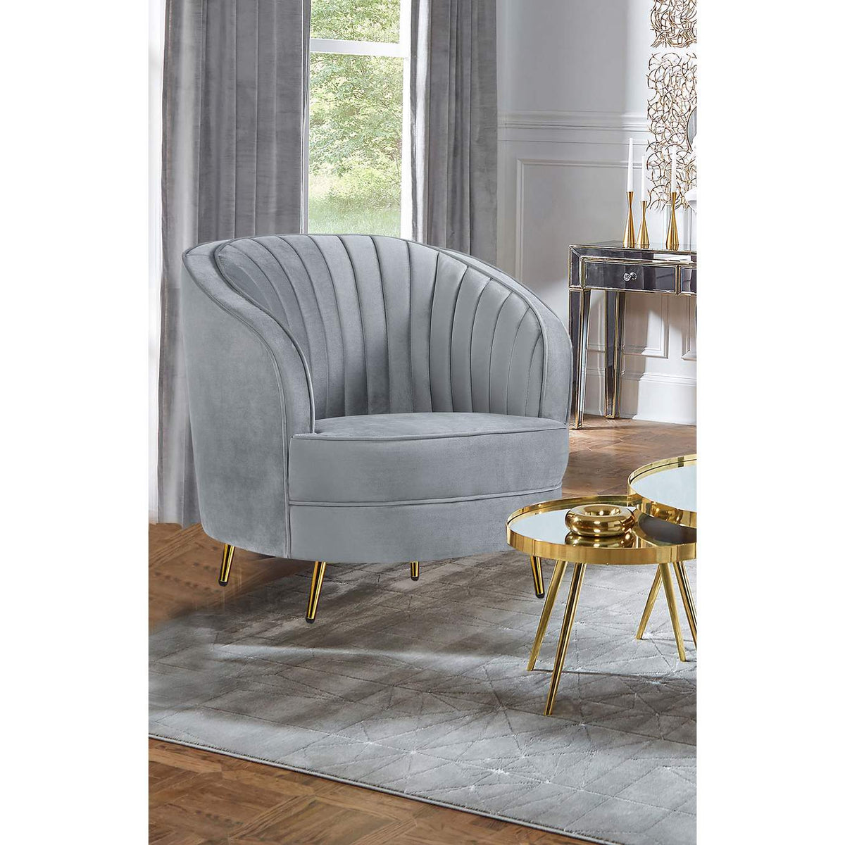 506866 Sophia Upholstered Channel Tufted Barrel Accent Chair Grey