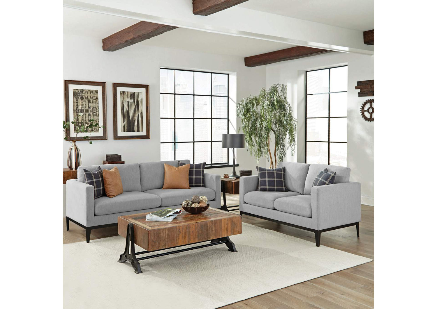 Apperson 2-piece Upholstered Track Arm Sofa Set Light Grey