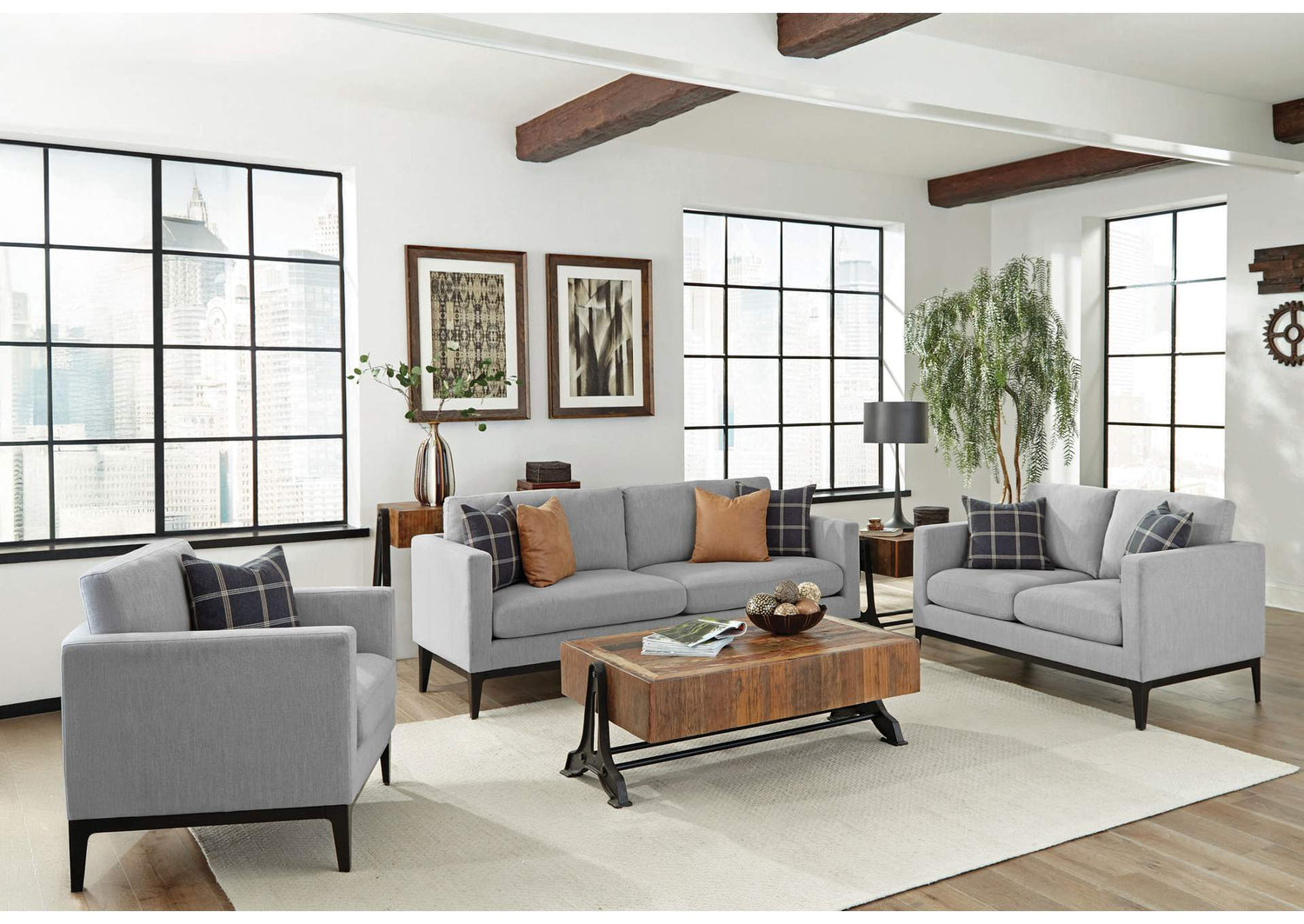 Apperson 3-piece Upholstered Track Arm Sofa Set Light Grey
