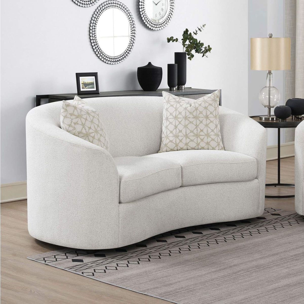 509172 Rainn Boucle Upholstered Sloped Arm Loveseat Latte