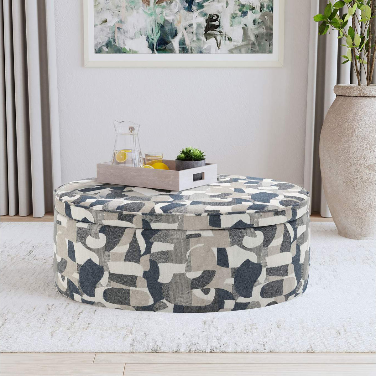 509674 Tomkins Oval Upholstered Storage Ottoman Indigo Blue