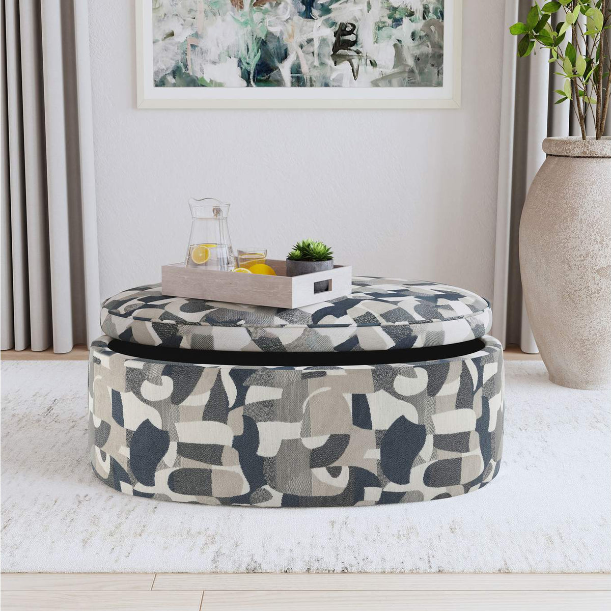 509674 Tomkins Oval Upholstered Storage Ottoman Indigo Blue