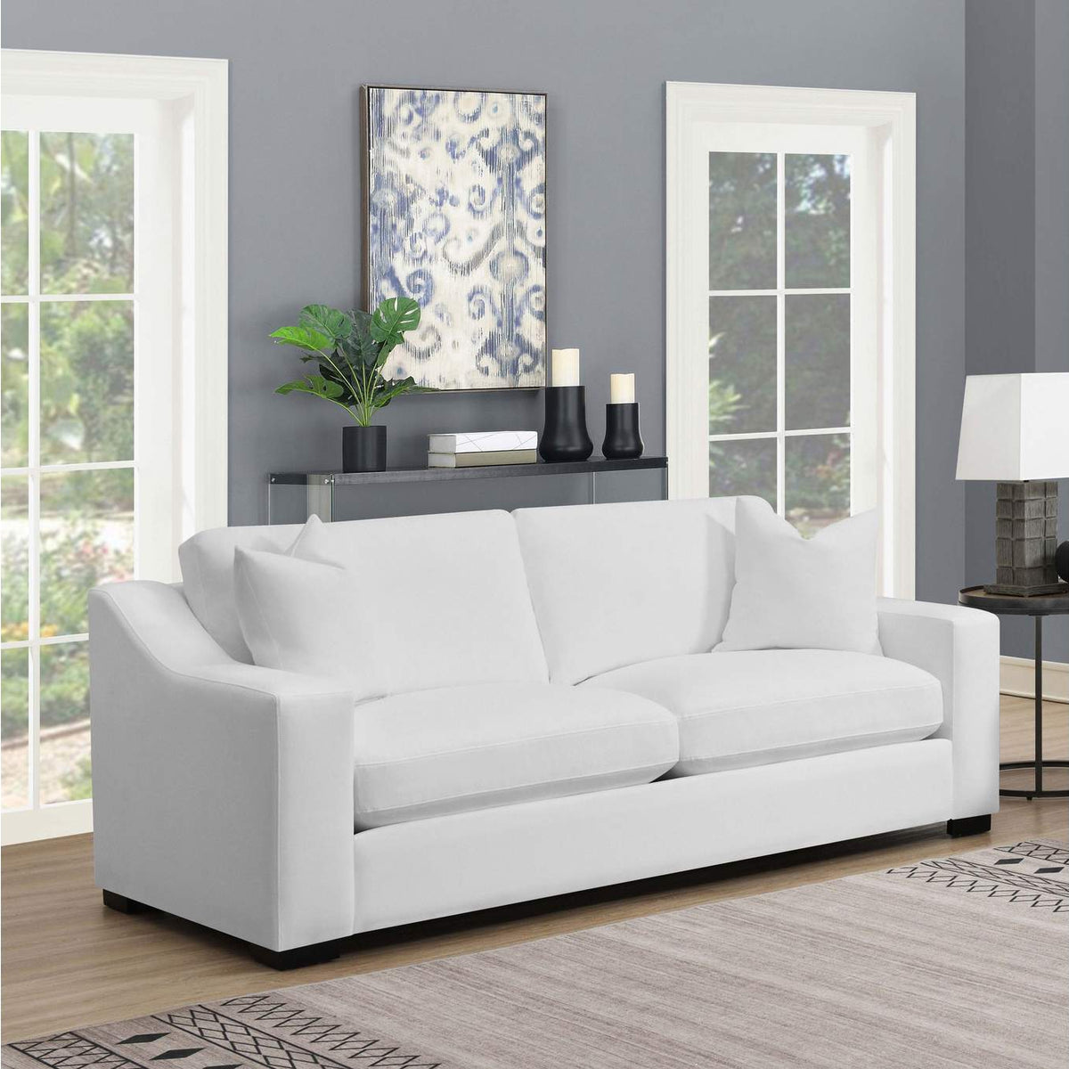 509891 Ashlyn Upholstered Sloped Arm Sofa White