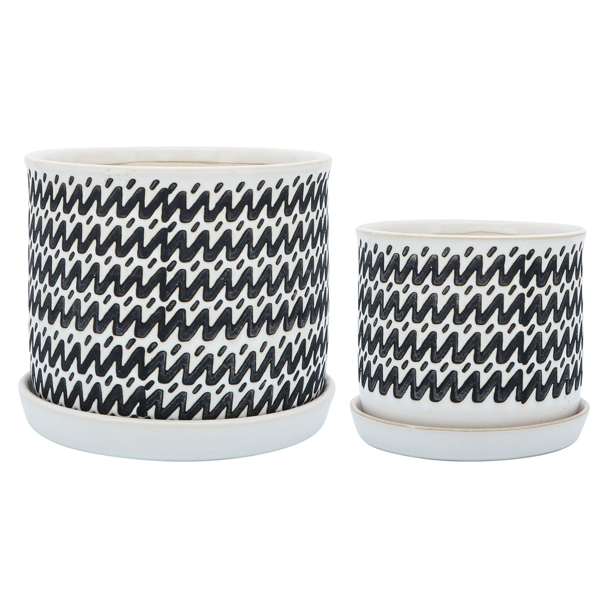 Ceramic Zigzag Planter With Saucer 6 / 8" (Set of 2) - Black