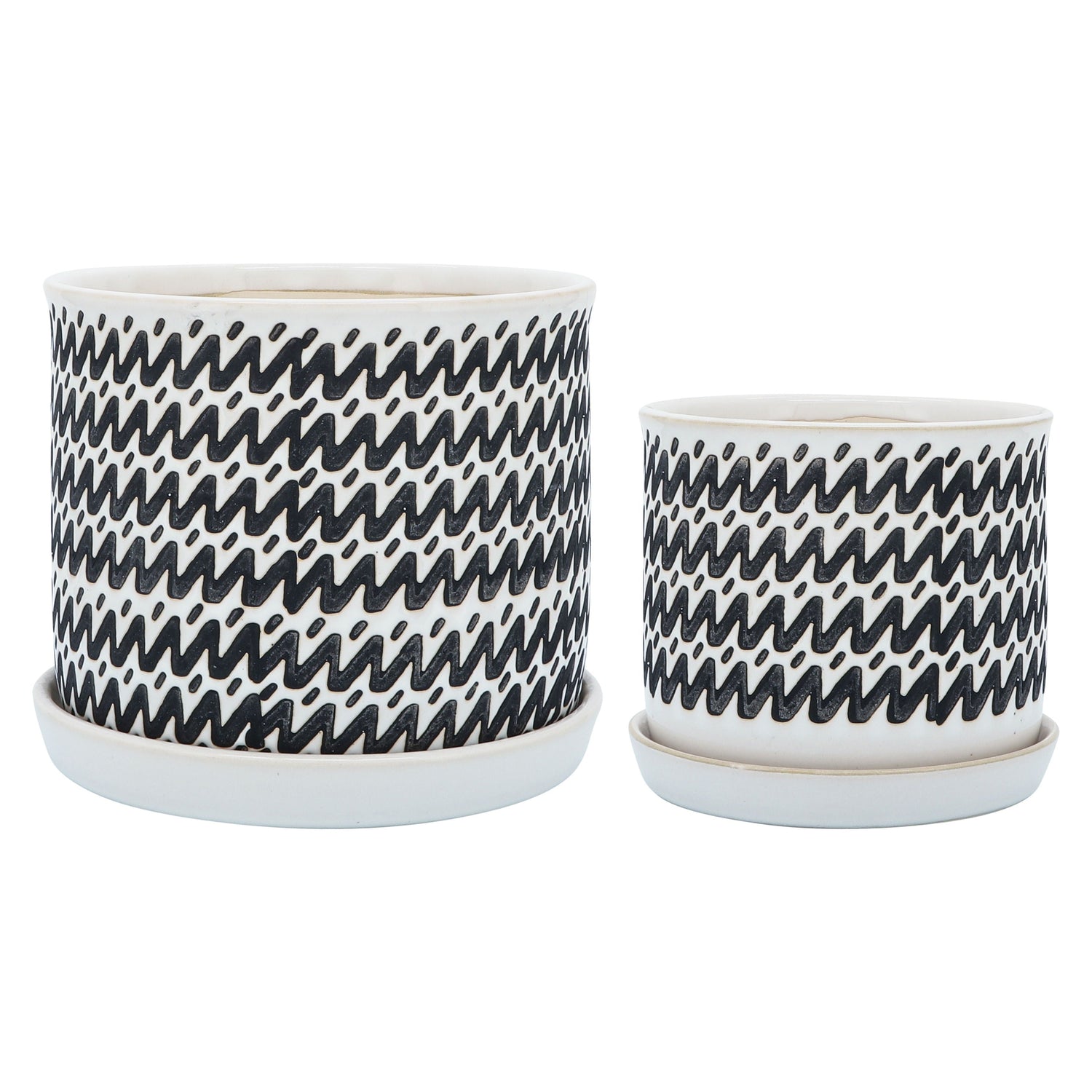 Ceramic Zigzag Planter With Saucer 6 / 8" (Set of 2) - Black
