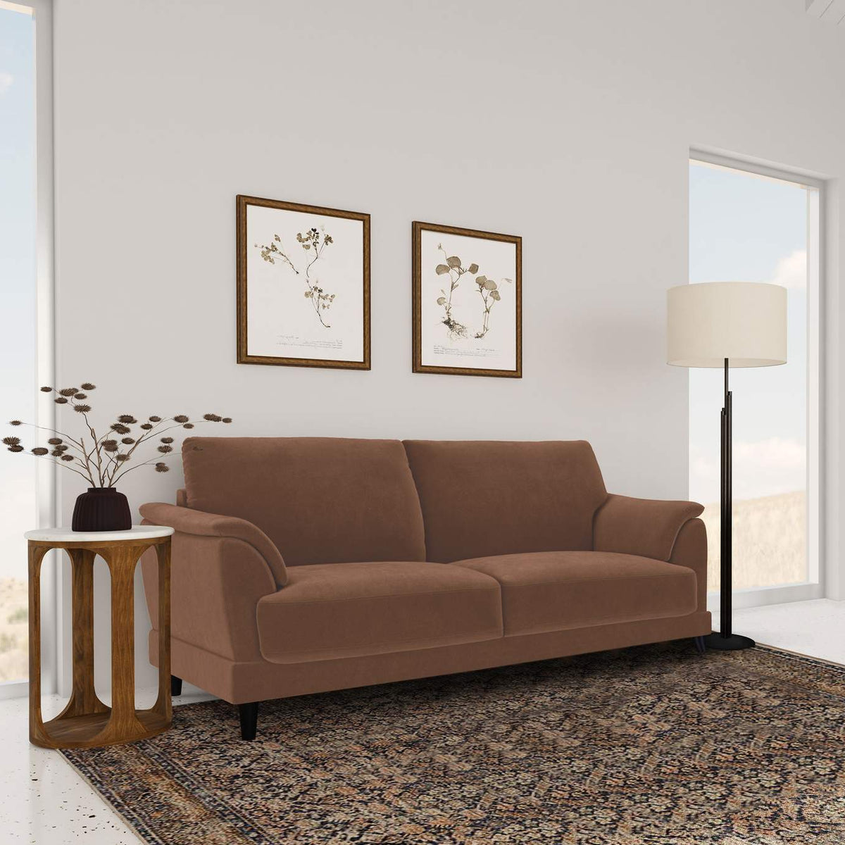 552101 Selma Velvet Upholstered Crescent Arm Sofa Rust