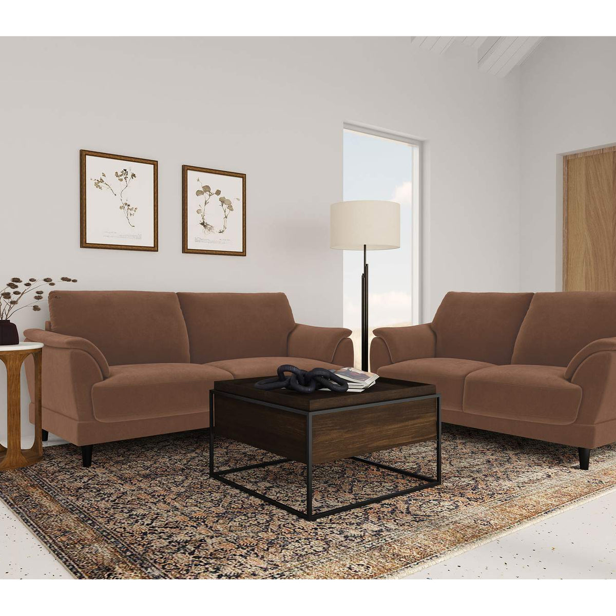 552101 Selma Velvet Upholstered Crescent Arm Sofa Rust