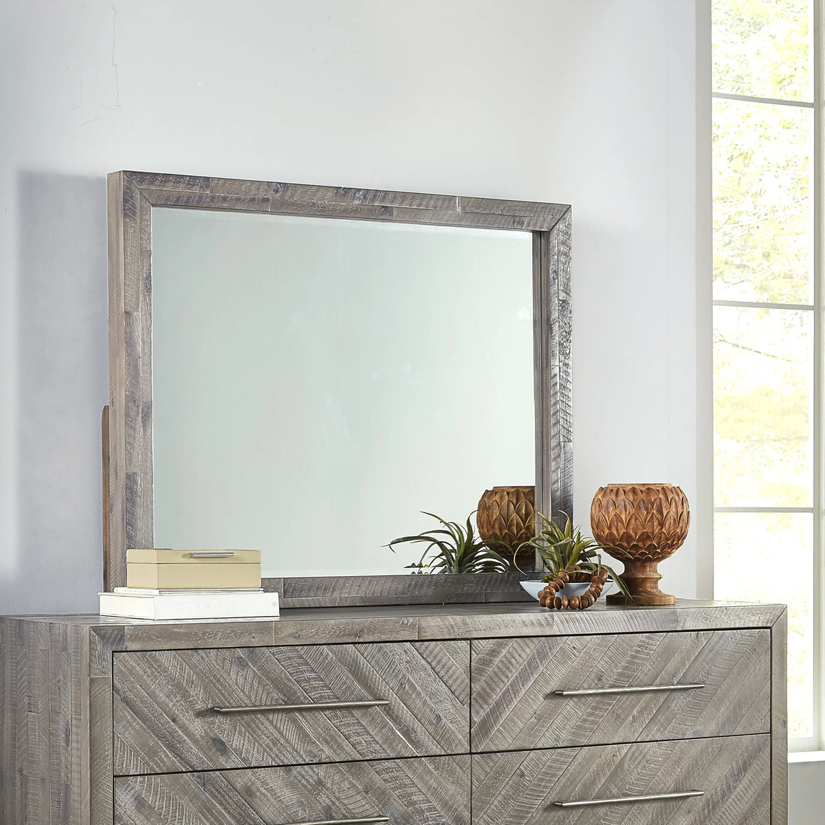 Alexandra Solid Wood Solid Wood Beveled Glass Mirror in Rustic Latte