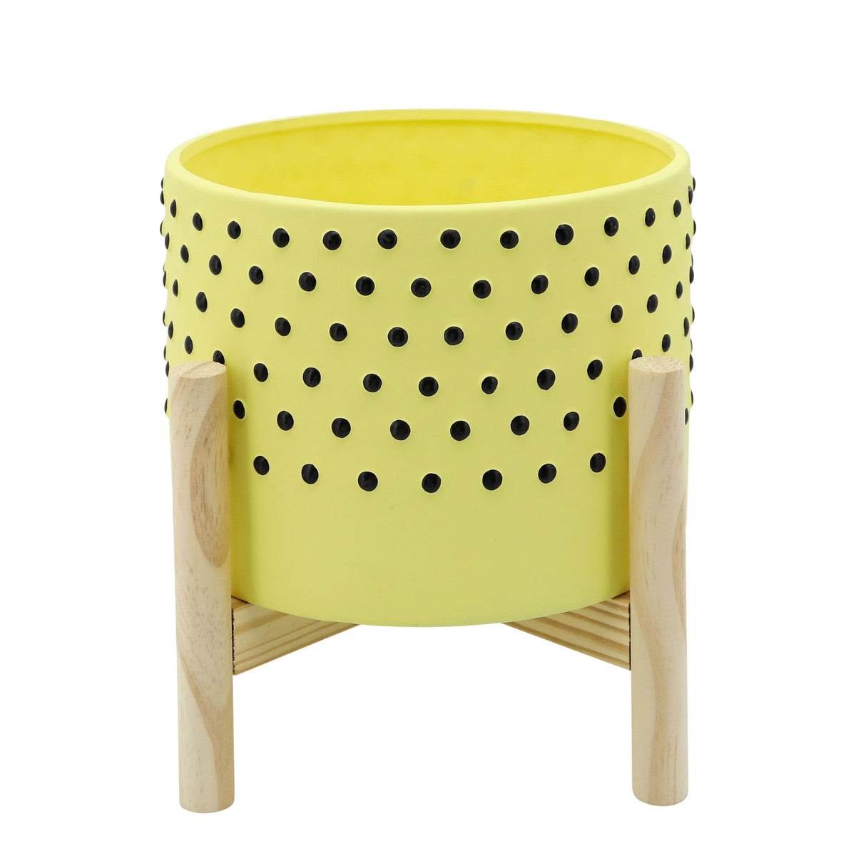 Dotted Planter With Wood Stand 8" - Yellow