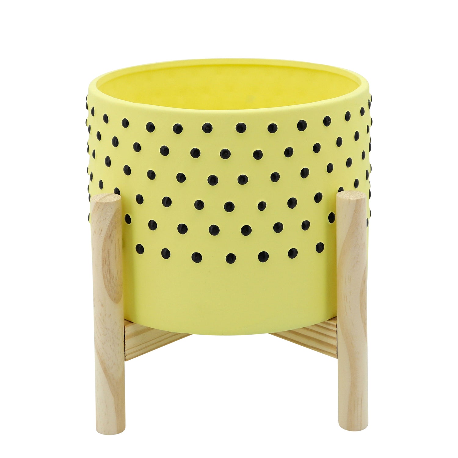 Dotted Planter With Wood Stand 8" - Yellow