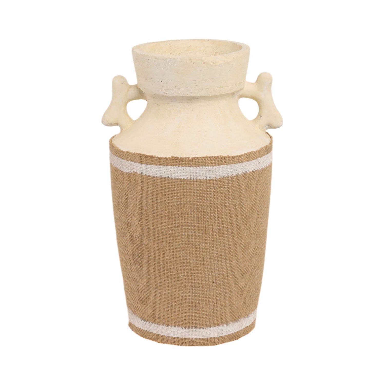 18" Burlap On Terracotta Vase - Ivory / Natural