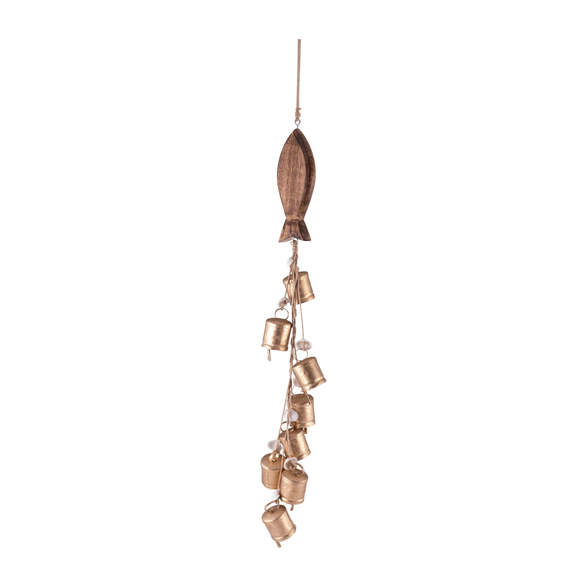 Metal Wood Fish With Bells Chime 28" - Gold