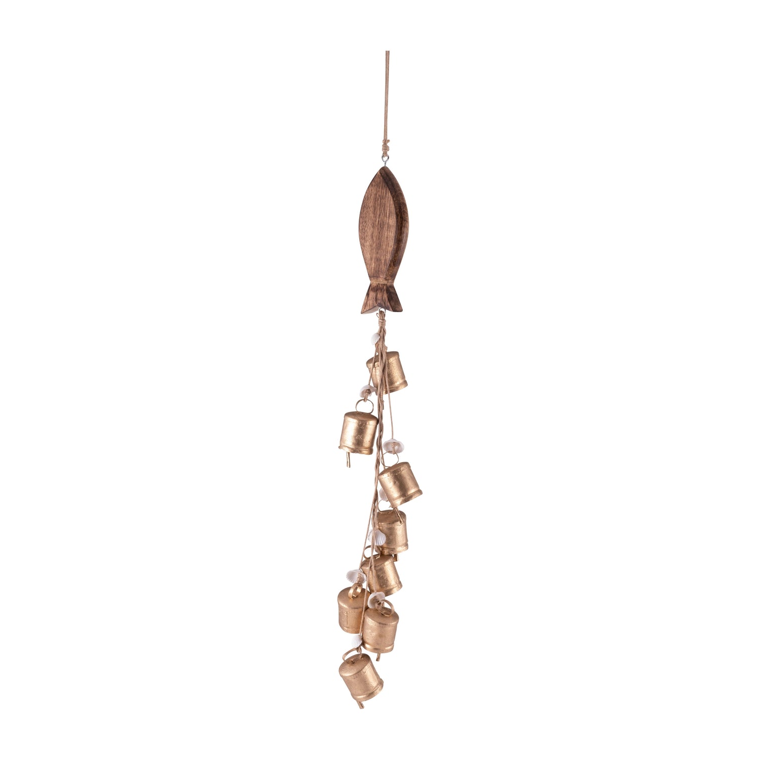 Metal Wood Fish With Bells Chime 28" - Gold