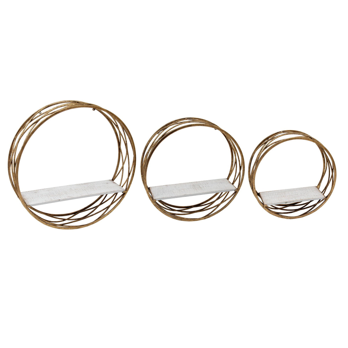 Metal Round Wall Shelves (Set of 3) - White / Gold